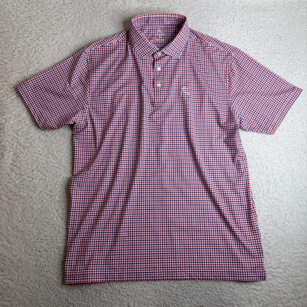 Rhoback Mens XL Performance Polo Shirt Gingham Red White Blue Golf Short Sleeve
